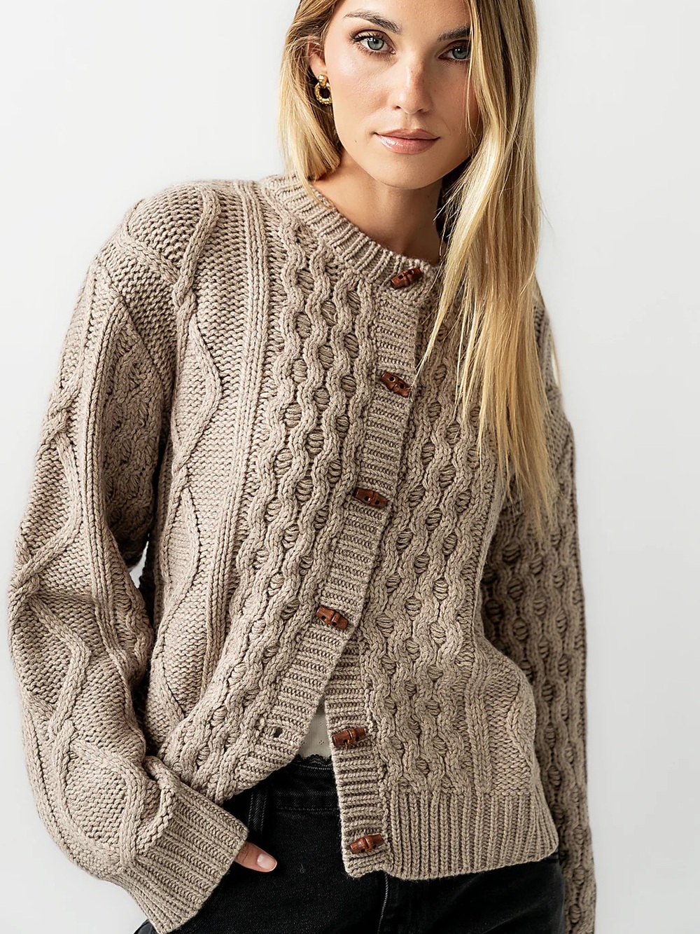 Chunky Cable Knit Button-Front Cardigan - Taupe